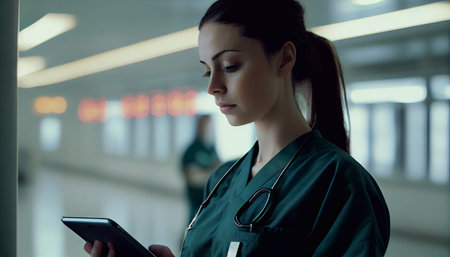 Illustration of a nurse holding a clipboard. Generative AI.の素材