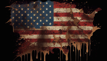 A ripped American flag in grunge style. Generative AI.の素材