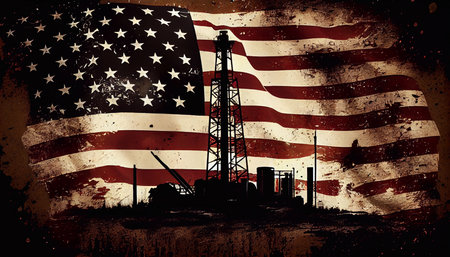 An illustration of an American flag, centered on an oil production platform. energy industrial concept. Generative AI.の素材