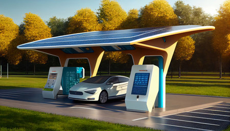 illustration of an autonomous charging station with solar panels for charging electric cars. Generative AI.の素材