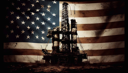 An illustration of an American flag, centered on an oil production platform. energy industrial concept. Generative AI.の素材