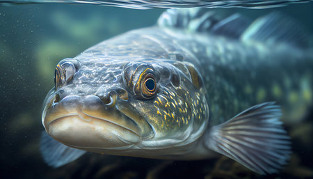 An illustration of a trout underwater, close-up. Generative AI.の素材