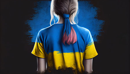 Illustration of a girl standing in a T-shirt back, T-shirt in the colors of the Ukrainian flag. Generative AI.の素材