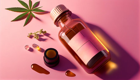 Glass bottles of CBD oil, THC tincture, for medical use. Generative AI.の素材