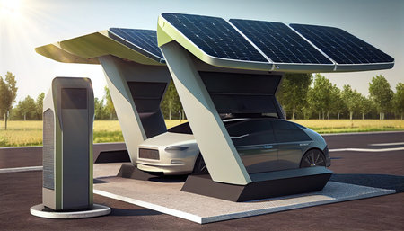 illustration of an autonomous charging station with solar panels for charging electric cars. Generative AI.の素材