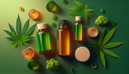 Glass bottles of CBD oil, THC tincture, for medical use. Generative AI.の素材
