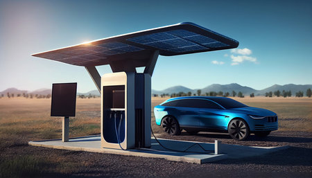 illustration of an autonomous charging station with solar panels for charging electric cars. Generative AI.の素材