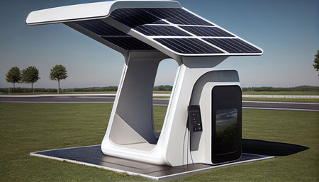 illustration of an autonomous charging station with solar panels for charging electric cars. Generative AI.の素材