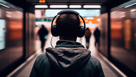 Illustration of a young guy wearing big headphones, rear view. Generative AI.の素材