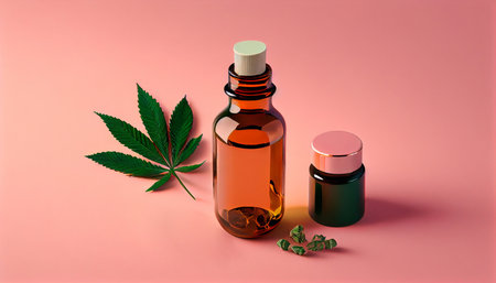 Glass bottles of CBD oil, THC tincture, for medical use. Generative AI.の素材