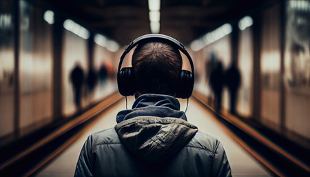 Illustration of a young guy wearing big headphones, rear view. Generative AI.の素材