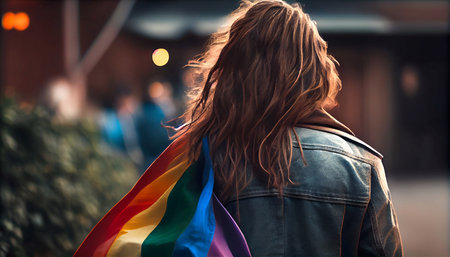 Illustration of a girl with an LBGTQ flag on her back. Generative AI.の素材