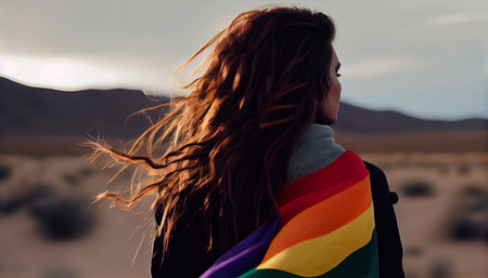 Illustration of a girl with an LBGTQ flag on her back. Generative AI.の素材