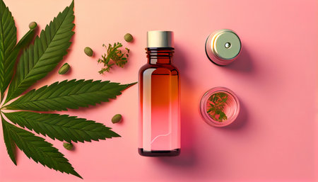 Glass bottles of CBD oil, THC tincture, for medical use. Generative AI.の素材