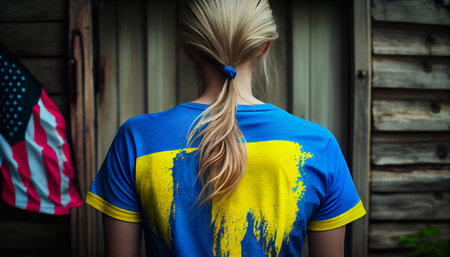 Illustration of a girl standing in a T-shirt back, T-shirt in the colors of the Ukrainian flag. Generative AI.の素材