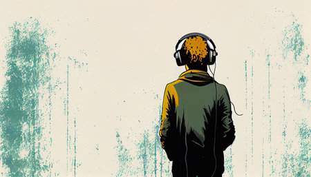 Illustration of a young guy wearing big headphones, rear view. Generative AI.の素材