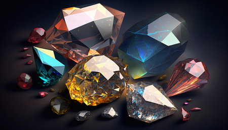 Gemstones of different colors on a dark background. Success or getting rich concepts. Generative AIの素材