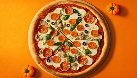 Yummy pizza, the view from the top. Generative AI.の素材