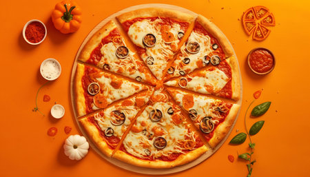 Yummy pizza, the view from the top. Generative AI.の素材