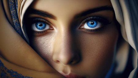 Oriental female portrait with blue eyes, generated by artificial intelligence. Generative AI.の素材