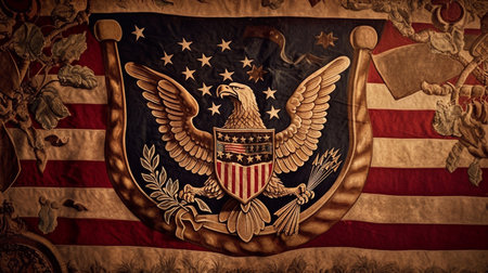 Close-up of the coat of arms, on the American flag. Generative AI.の素材