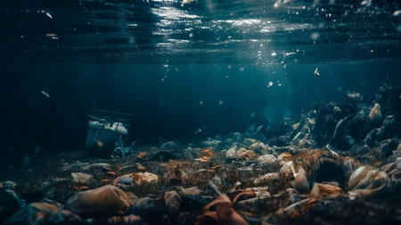 Plastic waste and garbage in the ocean. The concept of environmental protection. Generative AI.の素材
