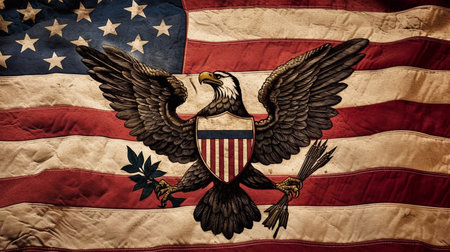 Close-up of the coat of arms, on the American flag. Generative AI.の素材