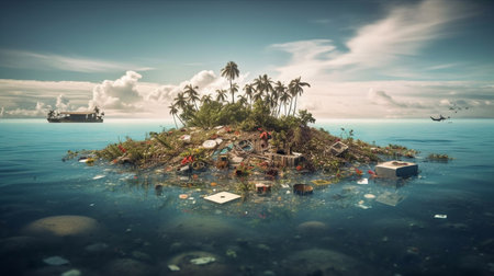 A tropical island in the middle of the ocean, with plastic and other trash floating around. The concept of ecology, and protection of the environment. Generative AI.の素材