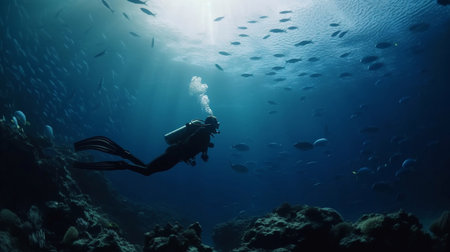 A scuba diver floating in the ocean, clear blue water, diffuse sunlight streaming in from above, and a rocky seafloor below. Generative AI.の素材