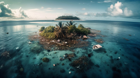 A tropical island in the middle of the ocean, with plastic and other trash floating around. The concept of ecology, and protection of the environment. Generative AI.の素材