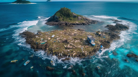 A tropical island in the middle of the ocean, with plastic and other trash floating around. The concept of ecology, and protection of the environment. Generative AI.の素材