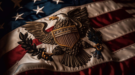 Close-up of the coat of arms, on the American flag. Generative AI.の素材