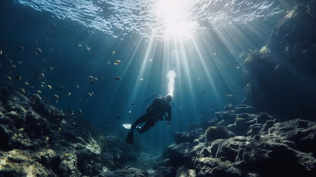 A scuba diver floating in the ocean, clear blue water, diffuse sunlight streaming in from above, and a rocky seafloor below. Generative AI.の素材