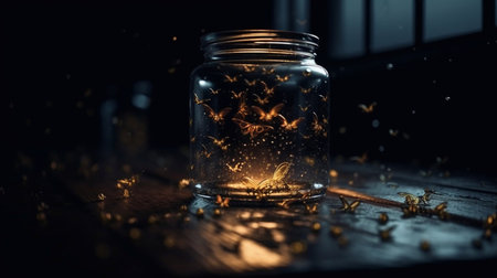 A jar of fireflies at night. Generative AI.の素材