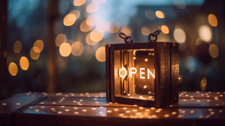 A square plaque with "OPEN" written on the background of a beautiful bokeh. Generative AI.の素材