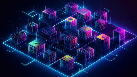 Block chain concept. Linking digital blocks to each other and forms of crypto-chain. Generative AI.の素材