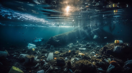 Plastic waste and garbage in the ocean. The concept of environmental protection. Generative AI.の素材
