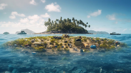 A tropical island in the middle of the ocean, with plastic and other trash floating around. The concept of ecology, and protection of the environment. Generative AI.の素材