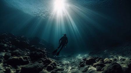 A scuba diver floating in the ocean, clear blue water, diffuse sunlight streaming in from above, and a rocky seafloor below. Generative AI.の素材