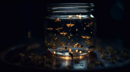 A jar of fireflies at night. Generative AI.の素材
