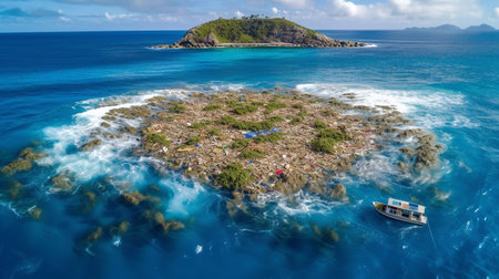 A tropical island in the middle of the ocean, with plastic and other trash floating around. The concept of ecology, and protection of the environment. Generative AI.の素材