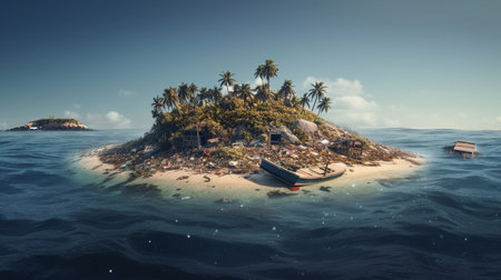 A tropical island in the middle of the ocean, with plastic and other trash floating around. The concept of ecology, and protection of the environment. Generative AI.の素材