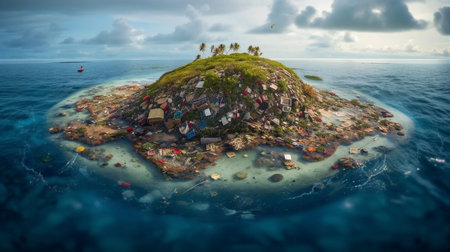 A tropical island in the middle of the ocean, with plastic and other trash floating around. The concept of ecology, and protection of the environment. Generative AI.の素材