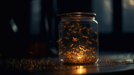 A jar of fireflies at night. Generative AI.の素材
