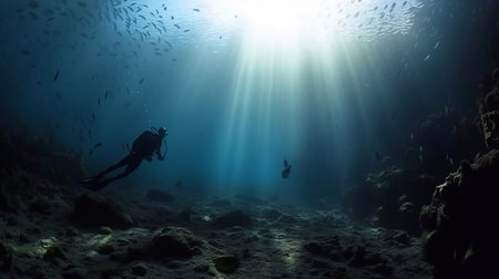 A scuba diver floating in the ocean, clear blue water, diffuse sunlight streaming in from above, and a rocky seafloor below. Generative AI.の素材