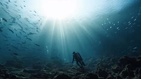 A scuba diver floating in the ocean, clear blue water, diffuse sunlight streaming in from above, and a rocky seafloor below. Generative AI.の素材