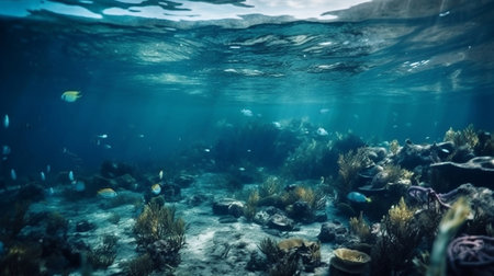 Plastic waste and garbage in the ocean. The concept of environmental protection. Generative AI.の素材