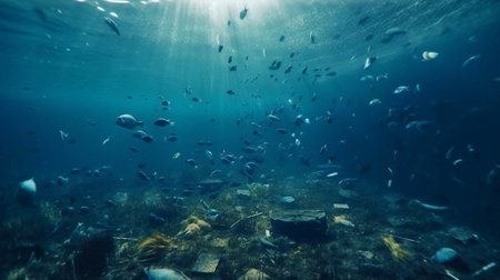 Plastic waste and garbage in the ocean. The concept of environmental protection. Generative AI.の素材