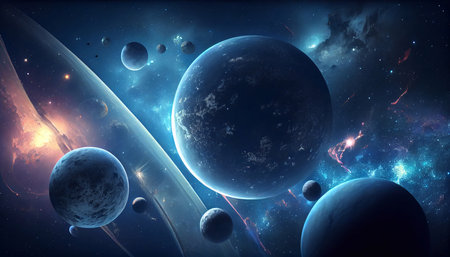 Background of the universe with many stars and planets. Generative AI.の素材