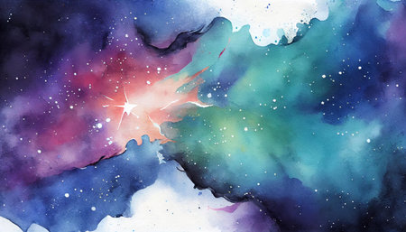 An abstract zodiacal background, in a universe with a million stars, in multicolored tones, drawn in watercolor. Generative AI.の素材